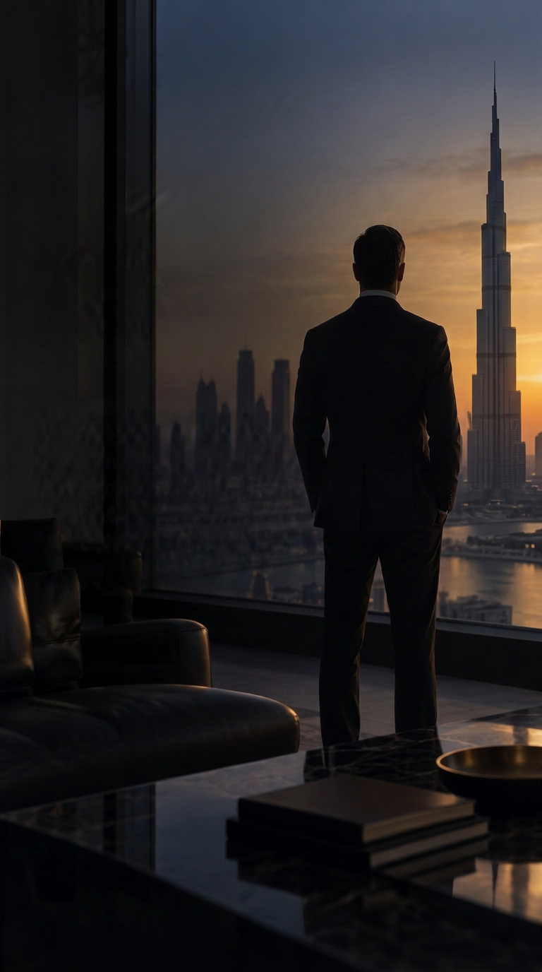 A suited executive overlooking the Burj Khalifa and Dubai skyline from a private office at sunset